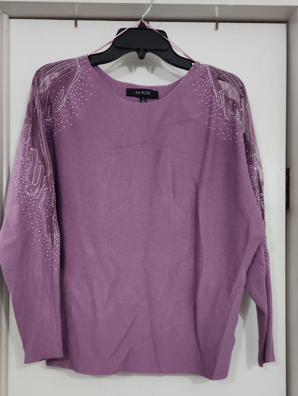 Ava Rose Lavender Embellished Mesh-Sleeve Pullover